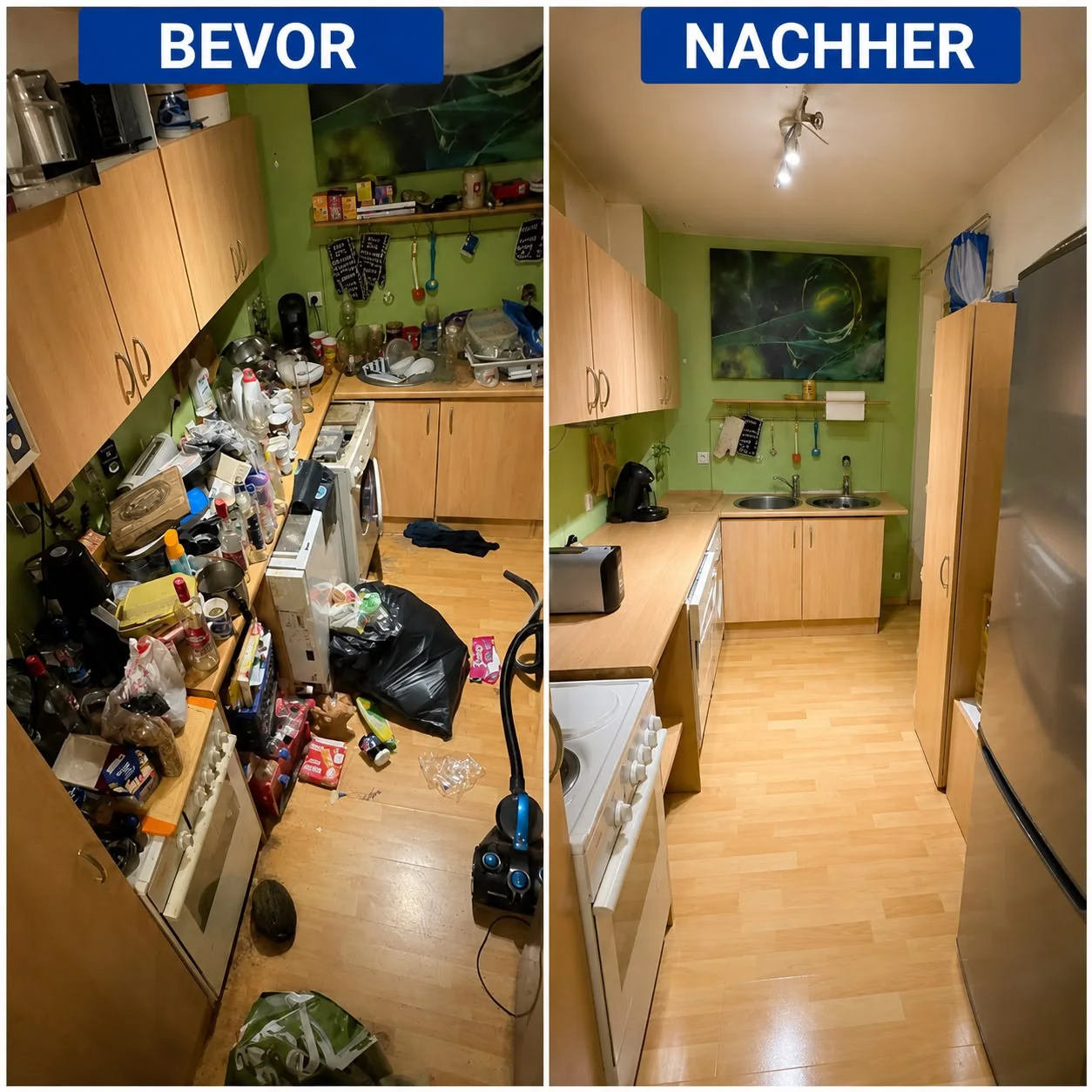 Küche vor und nach einer Entrümpelung und Reinigung